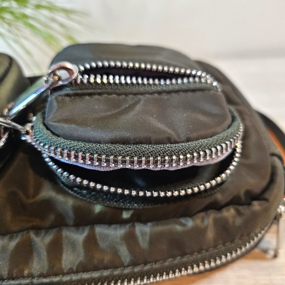 Olive Green Nylon Crossbody Bag Dual Pocket Adjustable Strap Sporty - Picture 6 of 12